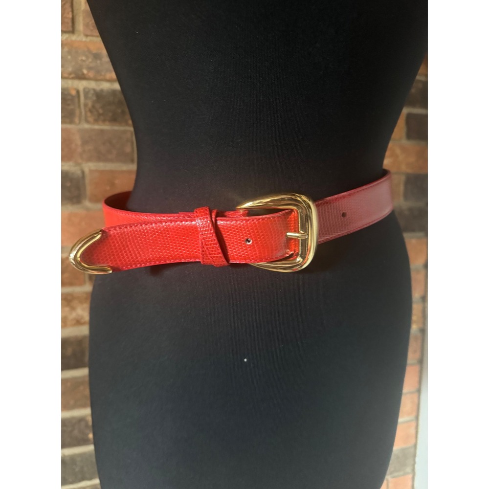 Women's Red Lizard Embossed Leather Belt Gold Buckle‎ Accent Size M